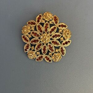 Monet Gold and Red Ornate Brooch
